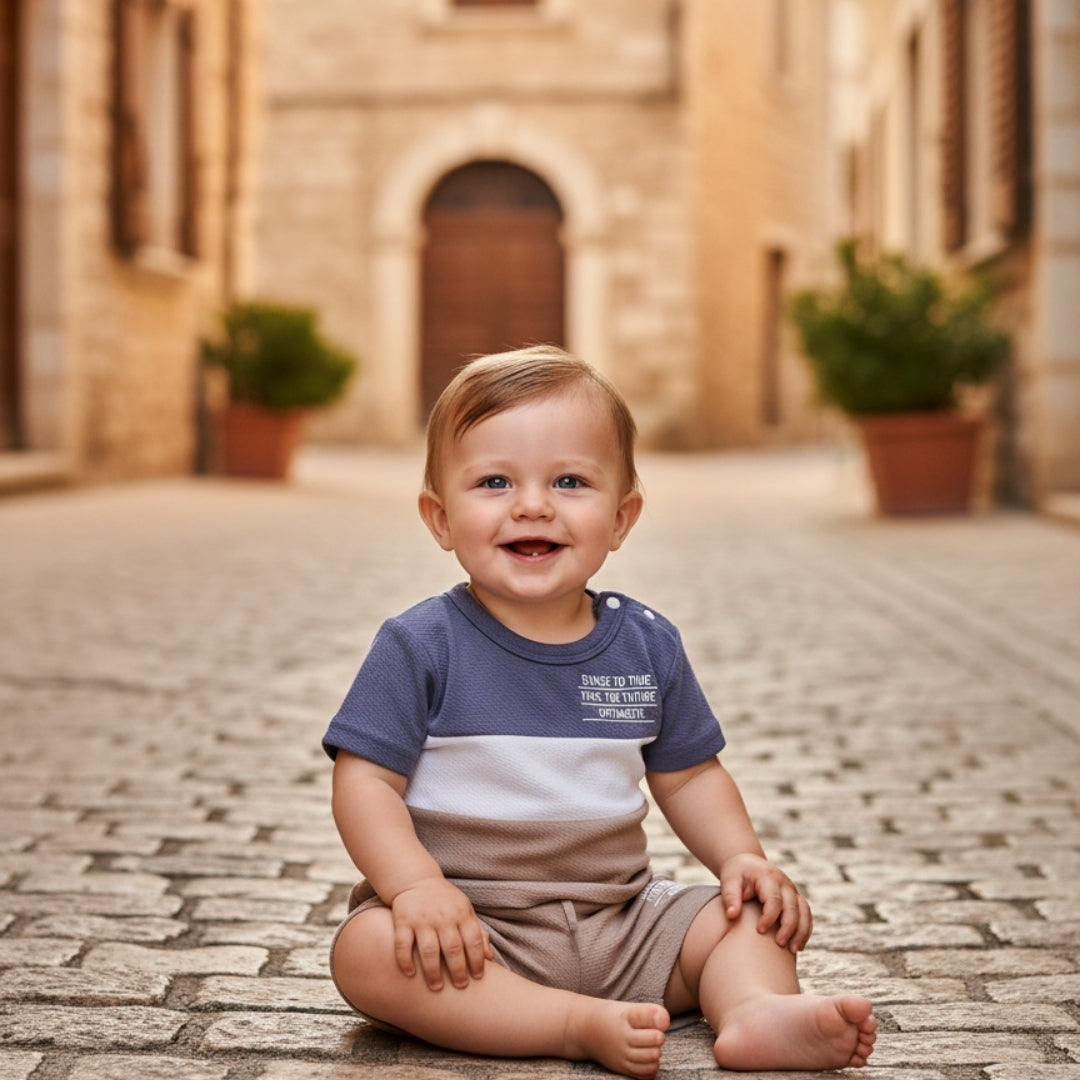 Boys, Girls Set – 2025 Summer New Letter Print Color Blocked Top And Matching Letter Print Shorts Set | Baby London® Premium Baby Clothing