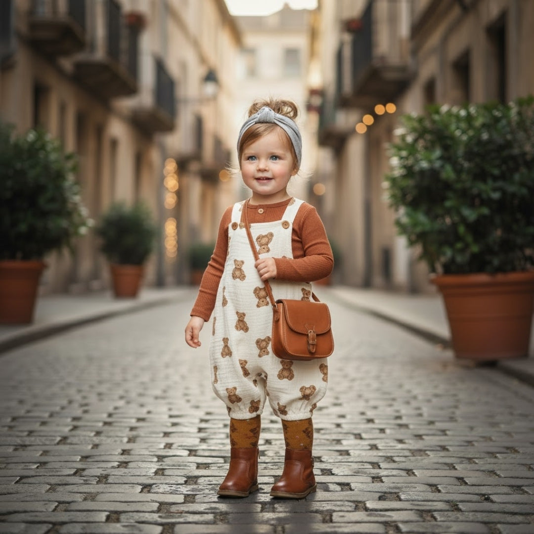 Boys, Girls Set – 2025 Summer New Solid Color Long Sleeved Top With Bear Print And Strap Triangle Pants Two Piece Set | Baby London® Premium Baby Clothing